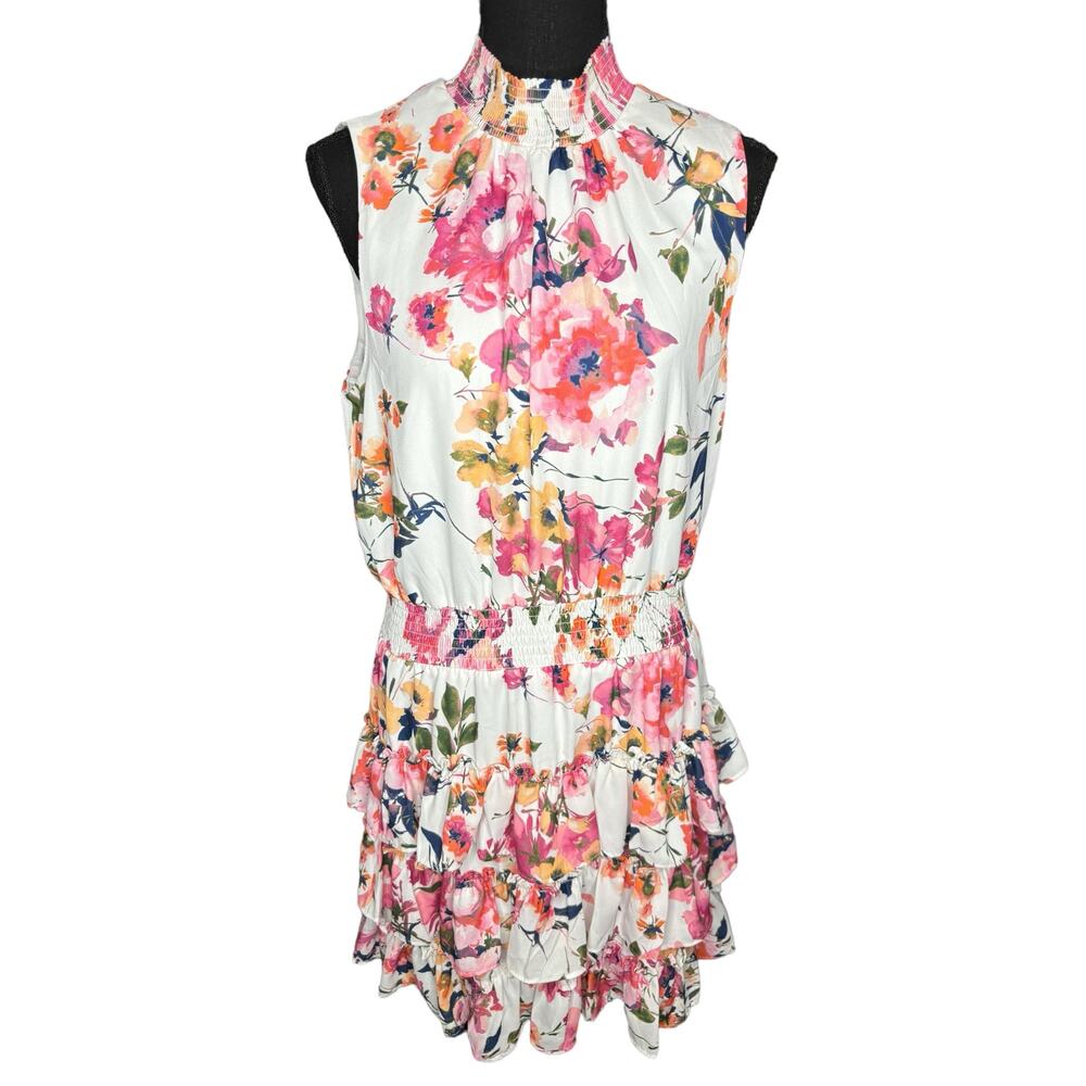 Sam And Jess NWT Tiered Mini Dress Size L White Pink Peach Smocked Sleeveless 🌼 - Picture 5 of 8